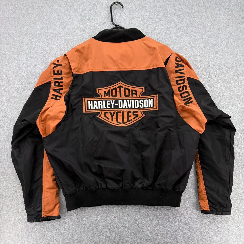 Harley Davidson Jacket Vintage 2003 Black Orange Logo Motorcycle Windbreaker L